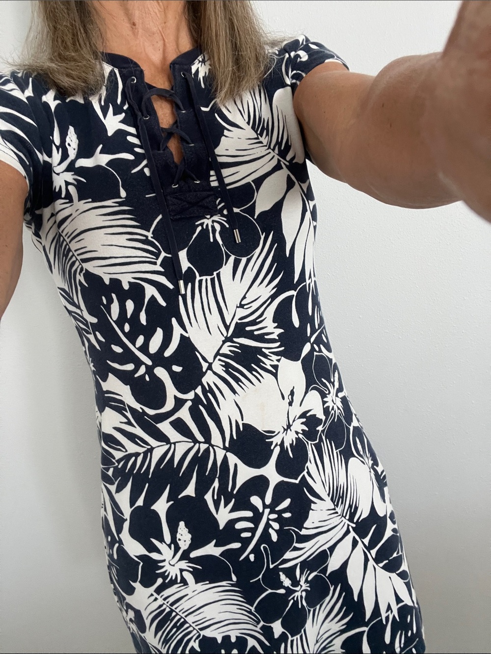 100% Cotton Women’s Navy & White Tropical Lace-UpDress